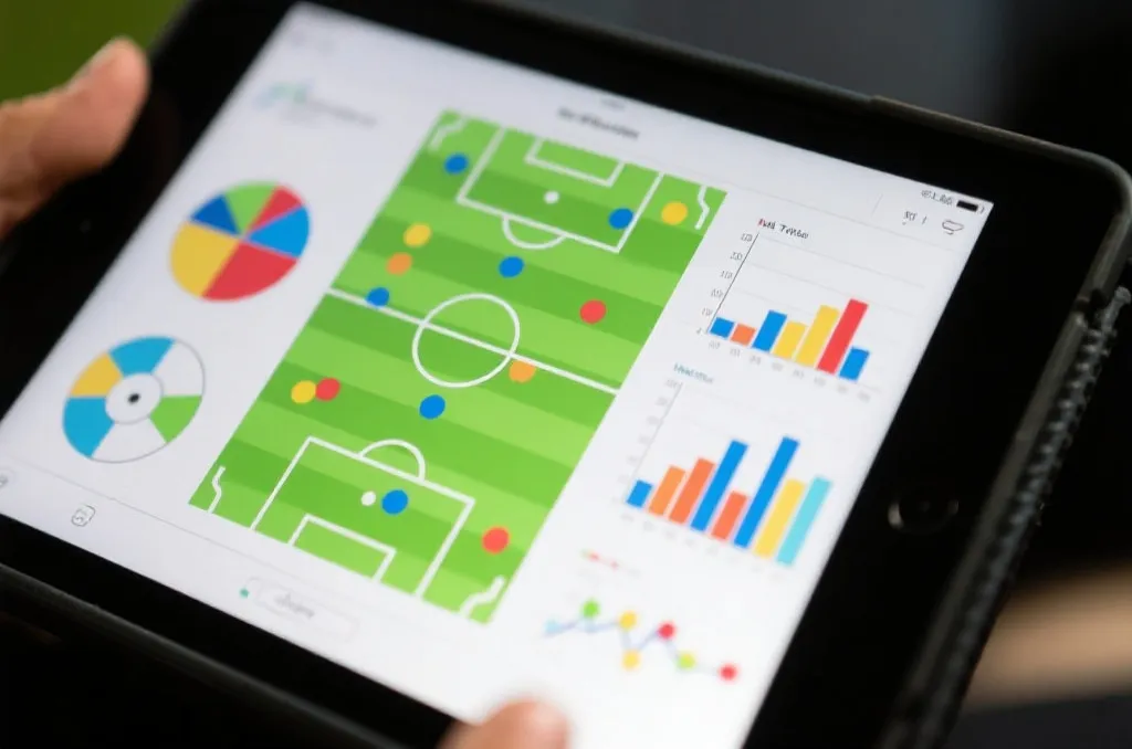 A close-up of a tablet screen showing colorful soccer tactical diagrams and live performance graphs