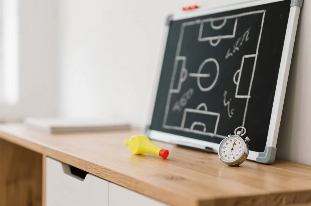 An abstract football tactical board with chalk markings, a whistle, and a stopwatch on a wooden desk, clean and modern layout, soft focus
